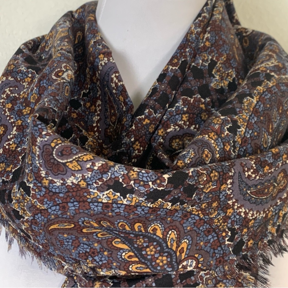 Liberty Vintage XL Brown Paisley Print Wool Wrap Scarf - Picture 3 of 10